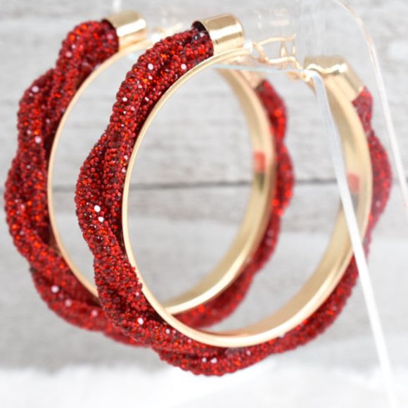 3" Boho Braid Twist Red Rhinestone Hoop Earrings - Picture 10 of 13